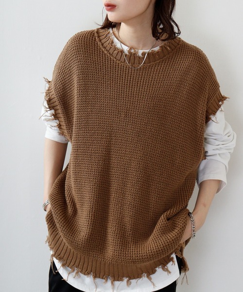 FUNALIVE(ファンアライブ)の「ダメージ加工ラーベン編みビッグシルエットベスト(ベスト・メンズ・ブラック/チャコールグレー/ブラウン/ホワイト・M/L)」の19枚目の写真