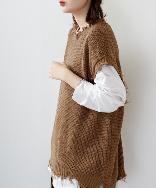 FUNALIVE(ファンアライブ)の「ダメージ加工ラーベン編みビッグシルエットベスト(ベスト・メンズ・ブラック/チャコールグレー/ブラウン/ホワイト・M/L)」の20枚目の写真