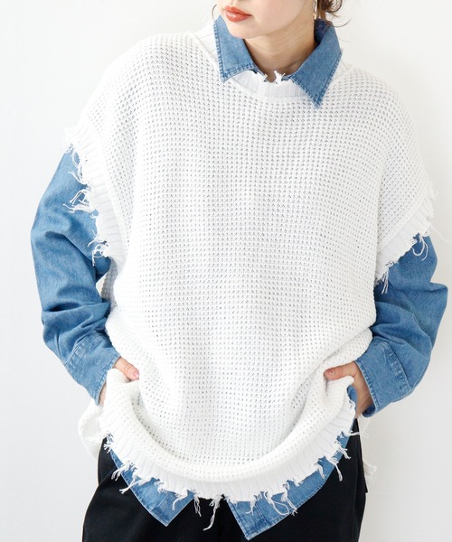 FUNALIVE(ファンアライブ)の「ダメージ加工ラーベン編みビッグシルエットベスト(ベスト・メンズ・ブラック/チャコールグレー/ブラウン/ホワイト・M/L)」の5枚目の写真