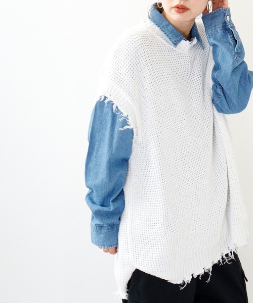 FUNALIVE(ファンアライブ)の「ダメージ加工ラーベン編みビッグシルエットベスト(ベスト・メンズ・ブラック/チャコールグレー/ブラウン/ホワイト・M/L)」の6枚目の写真