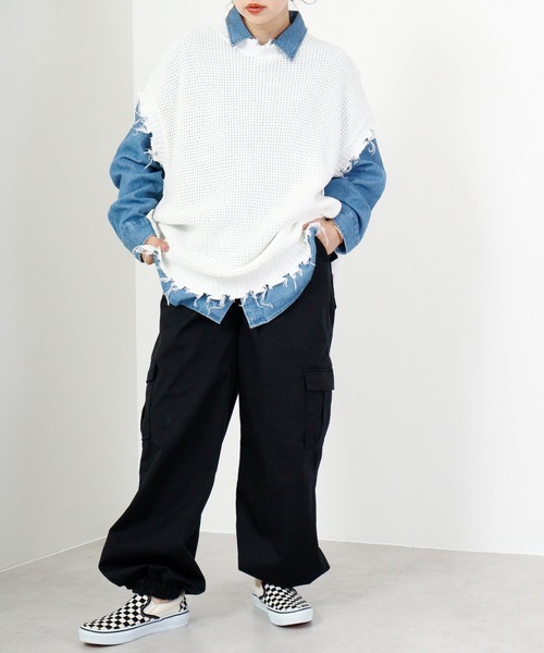 FUNALIVE(ファンアライブ)の「ダメージ加工ラーベン編みビッグシルエットベスト(ベスト・メンズ・ブラック/チャコールグレー/ブラウン/ホワイト・M/L)」の8枚目の写真