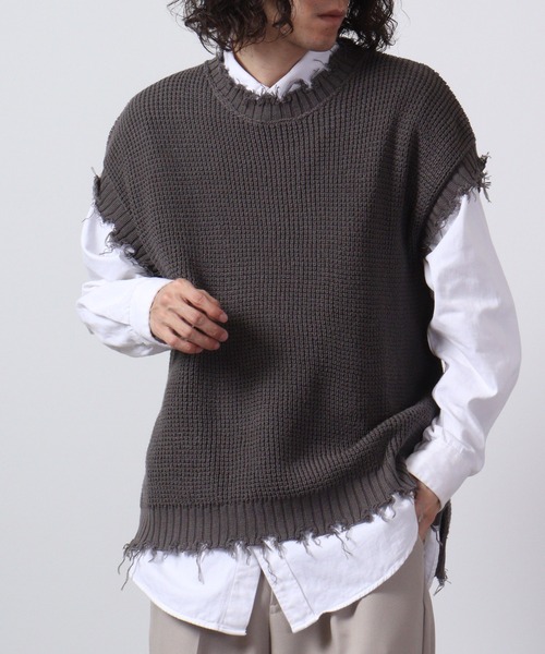 FUNALIVE(ファンアライブ)の「ダメージ加工ラーベン編みビッグシルエットベスト(ベスト・メンズ・ブラック/チャコールグレー/ブラウン/ホワイト・M/L)」の14枚目の写真