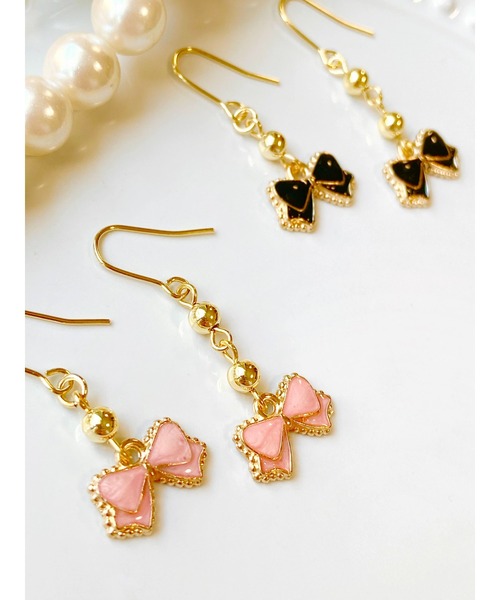 tone（トーン）の「【MUURABBTI】プチリボンピアス(MA)（ピアス（両耳用）・レディース・ブラック/ピンク・FREE）」の4枚目の写真