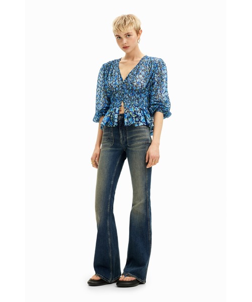 【デシグアル】花柄 スイスドットブラウス Amazon | [デシグアル] 花柄 スイスドットブラウス ブルー L