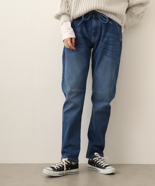 atONE（アットワン）の「atONE ニットデニム切り替えパンツ（デニムパンツ・レディース・ワンウォッシュ/ネイビー/ブルー・LL/4L/3L/L/M）」の2枚目の写真