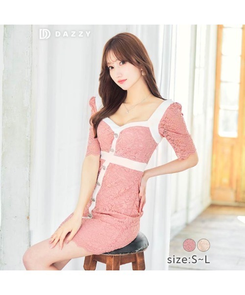 DAZZY(デイジー)の「オール フラワー ビジュー ライン レース 半袖 タイト ミニドレス(ドレス・レディース・チェリーピンク/ベージュ・S/M/L)」の5枚目の写真