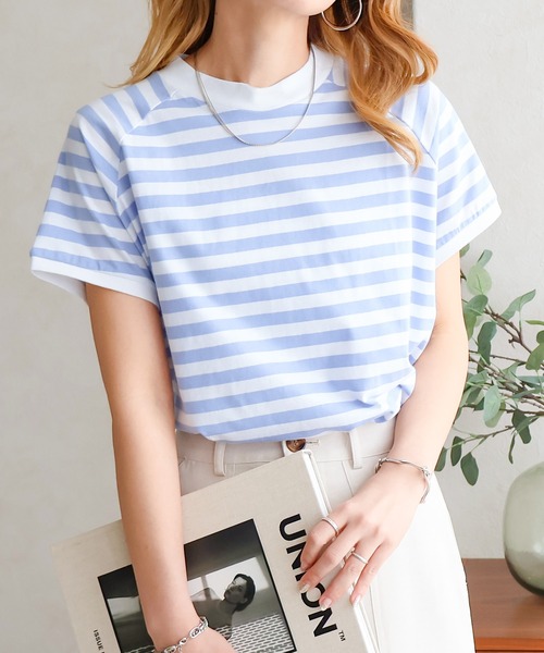 Social GIRL(ソーシャルガール)の「綿100% モックネックラグランTシャツ 無地/ボーダー(Tシャツ/カットソー・レディース・ネイビー/カーキ/ブラック/グレイッシュベージュ/オフホワイト/ブルー/ブラック系その他・FREE)」の7枚目の写真