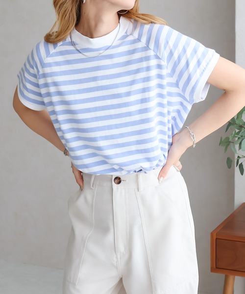 Social GIRL(ソーシャルガール)の「綿100% モックネックラグランTシャツ 無地/ボーダー(Tシャツ/カットソー・レディース・ネイビー/カーキ/ブラック/グレイッシュベージュ/オフホワイト/ブルー/ブラック系その他・FREE)」の9枚目の写真