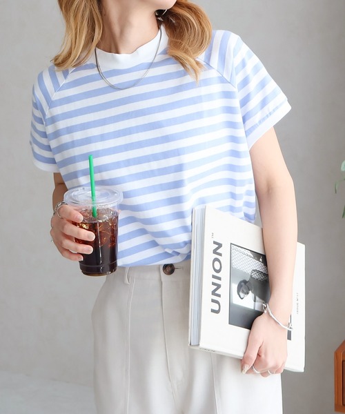 Social GIRL(ソーシャルガール)の「綿100% モックネックラグランTシャツ 無地/ボーダー(Tシャツ/カットソー・レディース・ネイビー/カーキ/ブラック/グレイッシュベージュ/オフホワイト/ブルー/ブラック系その他・FREE)」の10枚目の写真
