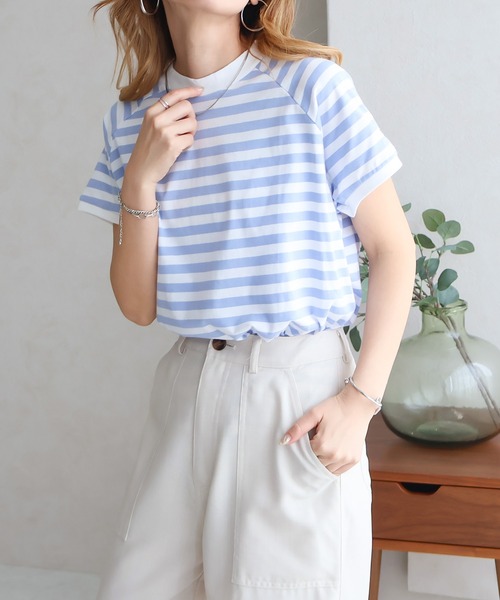 Social GIRL(ソーシャルガール)の「綿100% モックネックラグランTシャツ 無地/ボーダー(Tシャツ/カットソー・レディース・ネイビー/カーキ/ブラック/グレイッシュベージュ/オフホワイト/ブルー/ブラック系その他・FREE)」の11枚目の写真