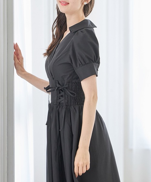 tocco closet(トッコ クローゼット)の「ウエストレースアップカシュクールワンピース(ワンピース・レディース・ピンク/ブラック/ブルー・M)」の6枚目の写真