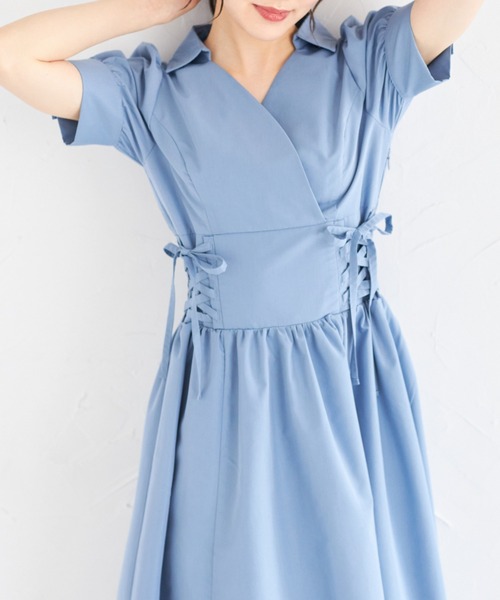 tocco closet(トッコ クローゼット)の「ウエストレースアップカシュクールワンピース(ワンピース・レディース・ピンク/ブラック/ブルー・M)」の14枚目の写真