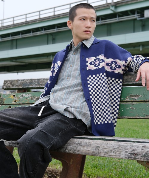 セール】HOOK -original- 幾何学模様ポロ襟前開きニットカーディガン