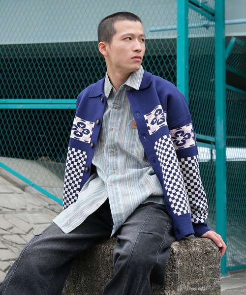 セール】HOOK -original- 幾何学模様ポロ襟前開きニットカーディガン