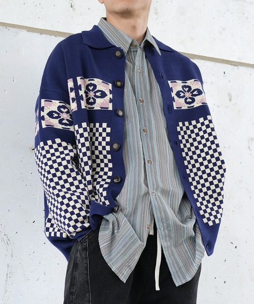 セール】HOOK -original- 幾何学模様ポロ襟前開きニットカーディガン