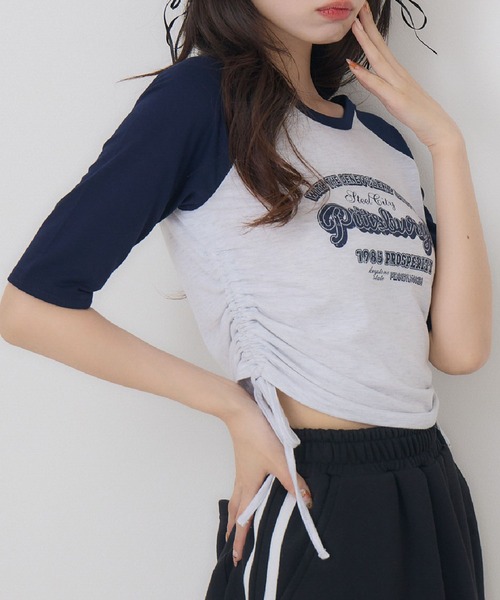 ems excite(エムズエキサイト)の「ドロスト五分袖TEE(Tシャツ/カットソー・レディース・ホワイト系その他/ブラウン/オフホワイト・FREE)」の1枚目の写真
