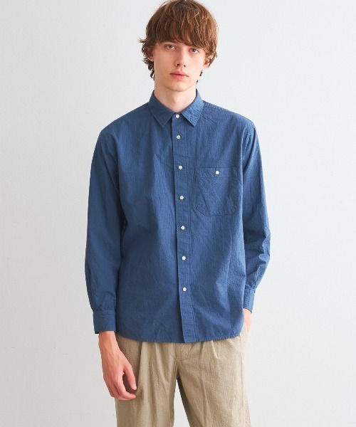 three dots(スリードッツ)の「ピースダイ ピンストライプ長袖シャツ(シャツ/ブラウス・メンズ・ベージュ/ブルー・SMALL/MEDIUM/LARGE)」の2枚目の写真