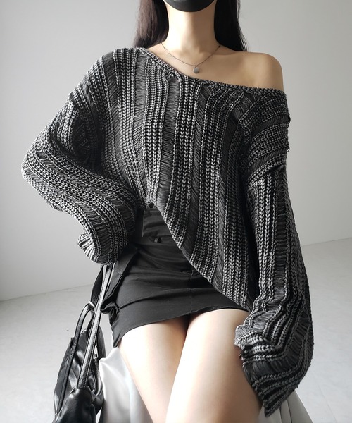 me+em select(ミームセレクト)の「※※【 4color 】ヴィンテージウォッシュクロップドオーバーニット / vintage wash cropped over knit(ニット/セーター・レディース・ブラック/ブラウン/ネイビー/グレー・FREE)」の2枚目の写真