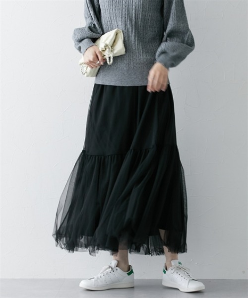 nissen（ニッセン）の「ボリュームチュールギャザースカート（スカート・レディース・グレー/ブラック・L/M/S/LL）」の4枚目の写真