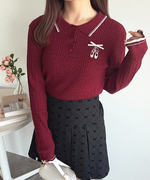 apres jour(アプレジュール)の「バレエ刺繍リボンポロニット【ZOZOTOWN限定アイテム】(ニット/セーター・レディース・レッド/ピンク/ブラウン/オフホワイト・X-LARGE/フリー)」の4枚目の写真