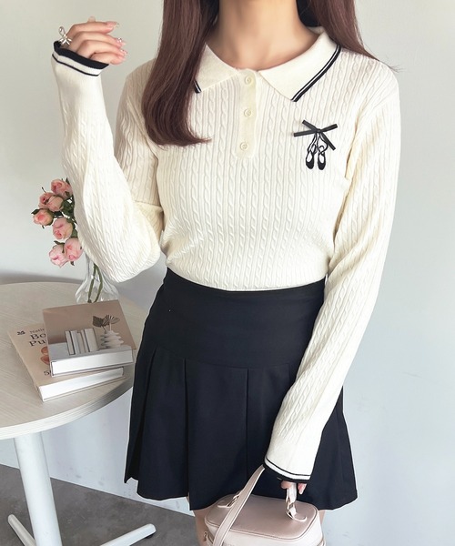 apres jour(アプレジュール)の「バレエ刺繍リボンポロニット【ZOZOTOWN限定アイテム】(ニット/セーター・レディース・レッド/ピンク/ブラウン/オフホワイト・X-LARGE/フリー)」の2枚目の写真