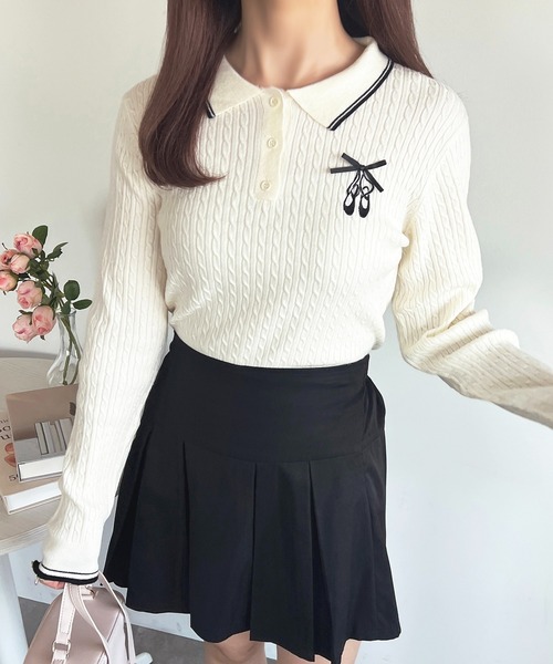 apres jour(アプレジュール)の「バレエ刺繍リボンポロニット【ZOZOTOWN限定アイテム】(ニット/セーター・レディース・レッド/ピンク/ブラウン/オフホワイト・X-LARGE/フリー)」の5枚目の写真