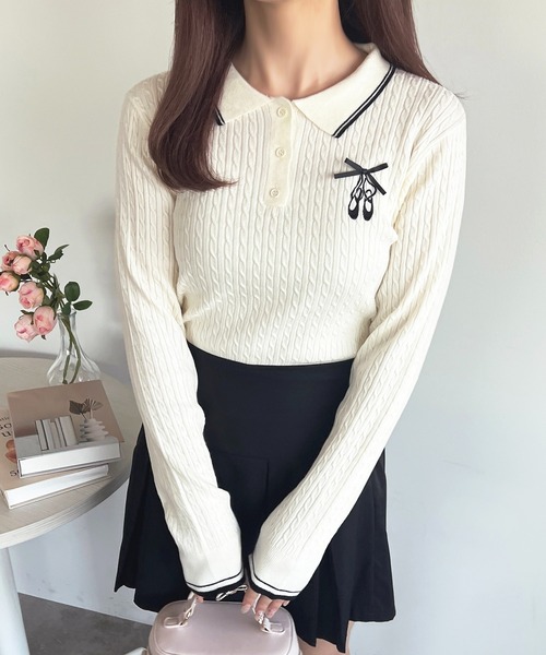 apres jour(アプレジュール)の「バレエ刺繍リボンポロニット【ZOZOTOWN限定アイテム】(ニット/セーター・レディース・レッド/ピンク/ブラウン/オフホワイト・X-LARGE/フリー)」の6枚目の写真