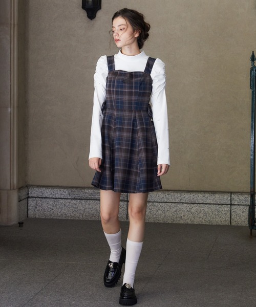 REDYAZEL（レディアゼル）の「【セットアップ可能】チェックサイドダブルリボンワンピース（ワンピース・レディース・グレー/キャメル/ネイビー・SMALL/MEDIUM）」の2枚目の写真
