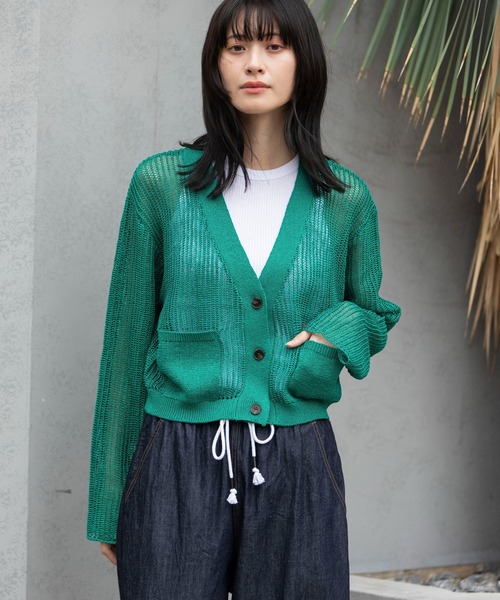 Munich（ミューニック）の「天竺針抜き編みニットカーディガン（カーディガン/ボレロ・レディース・ネイビー/イエロー/グレイッシュベージュ/グリーン・FREE）」の3枚目の写真