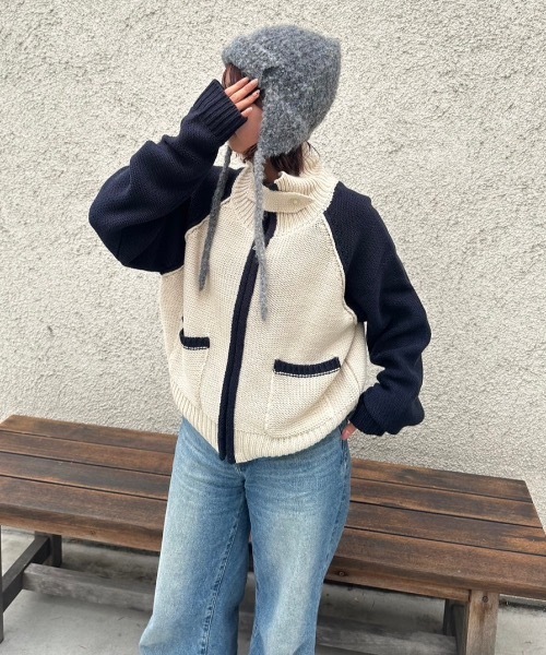 nemne store(ネンネストア)の「ラグランドライバーズニット(ニット/セーター・レディース・ネイビー/グレー系・SMALL/MEDIUM)」の1枚目の写真