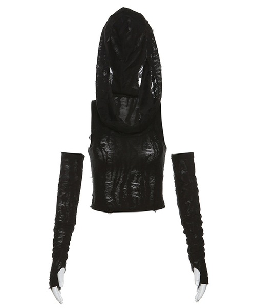 tinkerend(ティンカーエンド)の「Sleeveless Damage Hoodie / スリーブレスダメージフーディー(Tシャツ/カットソー・レディース・ブラック/グレー・FREE)」の2枚目の写真