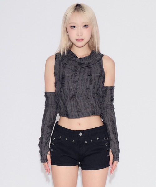 tinkerend(ティンカーエンド)の「Sleeveless Damage Hoodie / スリーブレスダメージフーディー(Tシャツ/カットソー・レディース・ブラック/グレー・FREE)」の6枚目の写真