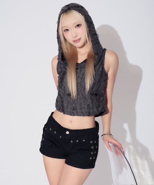 tinkerend(ティンカーエンド)の「Sleeveless Damage Hoodie / スリーブレスダメージフーディー(Tシャツ/カットソー・レディース・ブラック/グレー・FREE)」の9枚目の写真