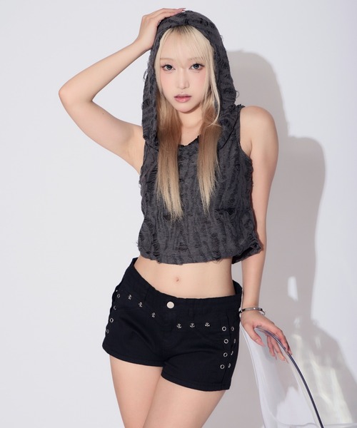 tinkerend(ティンカーエンド)の「Sleeveless Damage Hoodie / スリーブレスダメージフーディー(Tシャツ/カットソー・レディース・ブラック/グレー・FREE)」の10枚目の写真