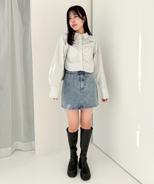 ブラウス シャツ フロントギャザー前後差ブラウス レディース ＆HALF ブラウス シャツ フロントギャザーブラウス(ストライプ