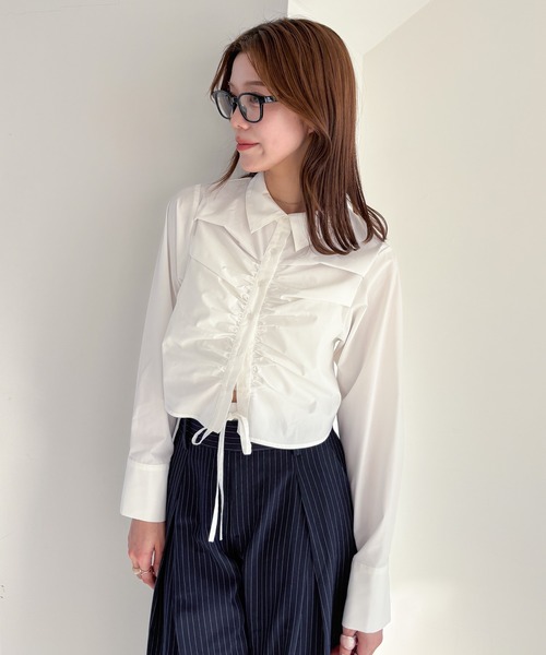 フロントギャザー ピンク長袖シャツ Mサイズ anuans（アニュアンス）の「スキッパーネックフロントギャザー