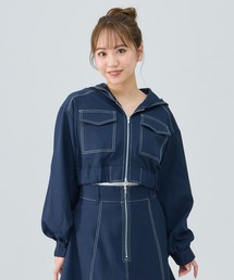 【セットアップ可能】バイカラーステッチフーディブルゾン