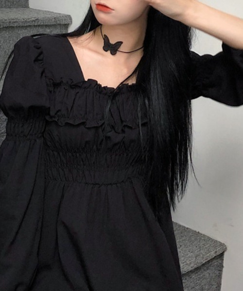 Mejoul（メジュール）の「シャーリング パフスリーブ レースミニワンピース（ワンピース・レディース・ブラック・S/M/L）」の10枚目の写真