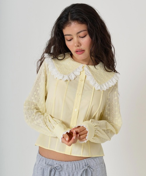 TINA：JOJUN（ティーナジョジュン）の「ビッグカラー ドッキングブラウス TINA：JOJUN（シャツ/ブラウス・レディース・ライトイエロー/ホワイト・M）」の2枚目の写真