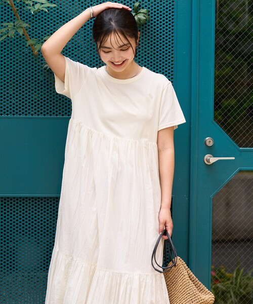 セール】インド ドッキング Tシャツワンピース/異素材切替ワンピース