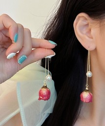 リアルローズドライフラワー風ロングチェーンピアス  パールキャッチ