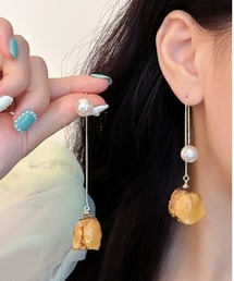リアルローズドライフラワー風ロングチェーンピアス パールキャッチ