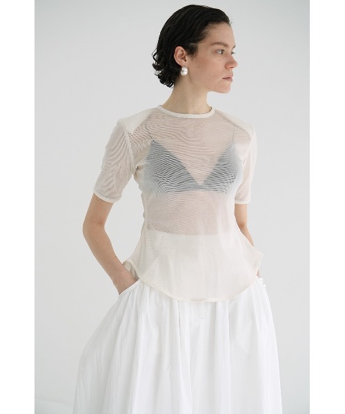 CLANE/クラネ/SHEER VELOUR POWER SHOULDER TOPS（Tシャツ