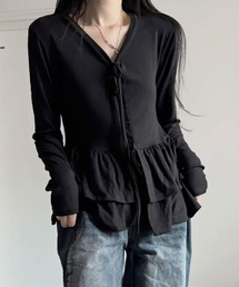 2段フリル tシャツ カットソー 紐 リボン