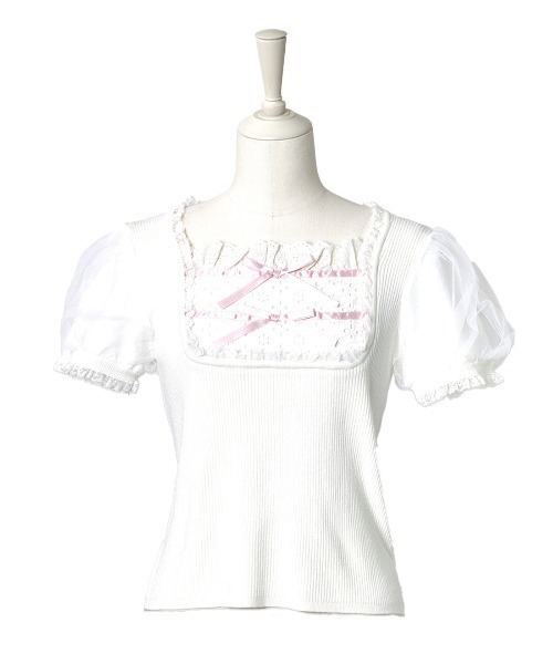 mellfy memory(メルフィーメモリー)の「Cotton lace cute twin ribbon ニット(ニット/セーター・レディース・ホワイト/ブラック/ピンク・FREE)」の2枚目の写真