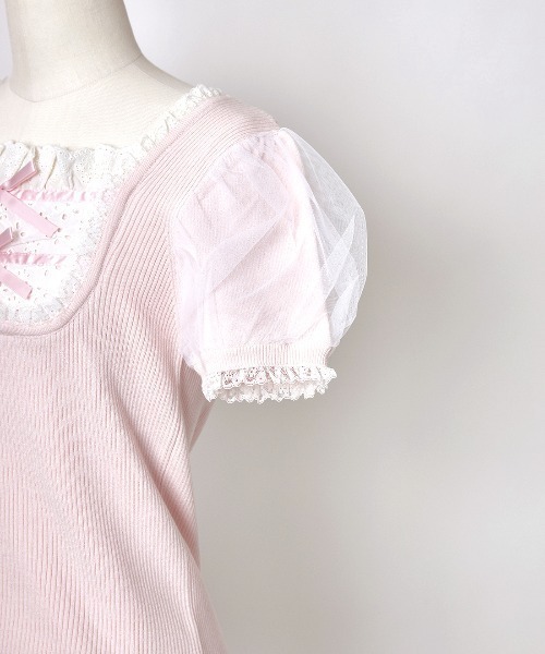mellfy memory(メルフィーメモリー)の「Cotton lace cute twin ribbon ニット(ニット/セーター・レディース・ホワイト/ブラック/ピンク・FREE)」の9枚目の写真