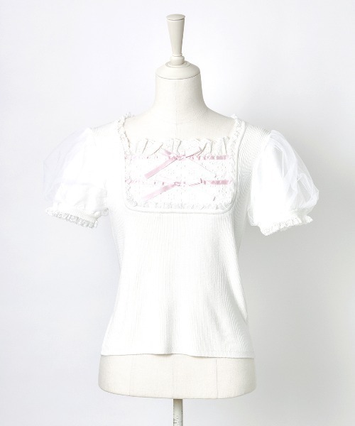 mellfy memory(メルフィーメモリー)の「Cotton lace cute twin ribbon ニット(ニット/セーター・レディース・ホワイト/ブラック/ピンク・FREE)」の10枚目の写真