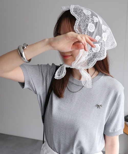 sakishimatokyo(サキシマトーキョー)の「【SET商品】レーススカーフ/バブーシュカ付き 半袖ニットトップス(ニット/セーター・レディース・ホワイト/イエロー/グレー/アイボリー/ブラック・FREE)」の17枚目の写真