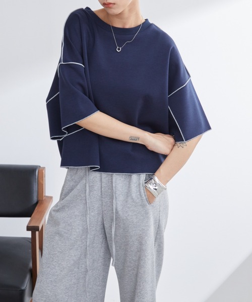 Aunt Marie's(アントマリーズ)の「配色メロークロップドTシャツ(Tシャツ/カットソー・レディース・ネイビー/ホワイト/グレー・FREE)」の1枚目の写真