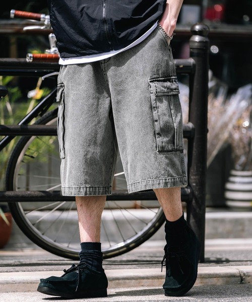 Rocky Monroe(ロッキーモンロー)の「ケミカルウォッシュ/オーバーダイ デニムカーゴワイドハーフパンツ/ショートパンツ(デニムパンツ・メンズ・ブラック/インディゴブルー/ブラウン/ライトブラック/パープル/ケミカルウォッシュ・M/L/XL)」の11枚目の写真